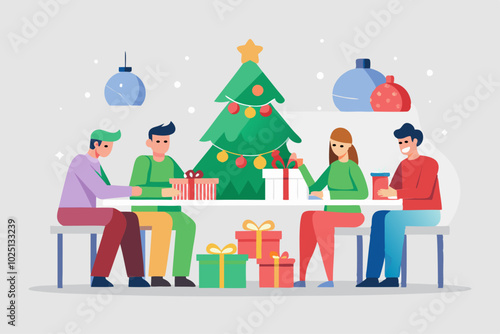 Una familia compartiendo regalos y disfrutando de una cena festiva con un árbol decorado en el fondo.
