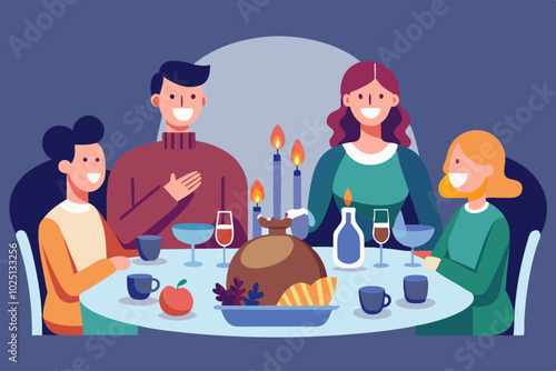 Una familia sonriente comparte una cena navideña en la mesa, rodeados de velas y una comida festiva.
