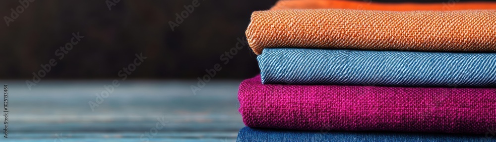 Vibrant stack of colorful fabrics neatly arranged, showcasing texture and hues for design or craft inspiration. Vibrant stack of colorful fabrics neatly arranged, showcasing texture and hues for design or craft inspiration.