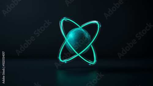 A glowing atomic model, showcasing an electron orbiting a nucleus with illuminated rings against a dark background.