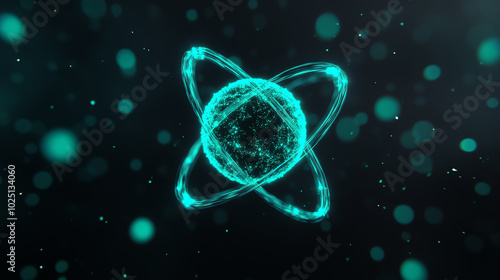 Abstract representation of atomic structure with glowing blue particles and rings on a dark background, symbolizing energy and innovation.