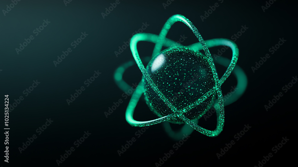 A glowing green atom model against a dark background, showcasing the structure of atomic particles in modern science.
