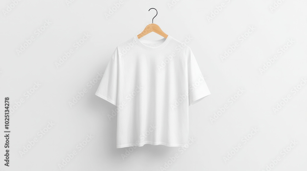 plain white crew neck t shirt hanging on wooden hanger, perfect for casual wear plain white crew neck t shirt hanging on wooden hanger, perfect for casual wear