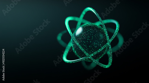 Obraz na płótnie A glowing green atom model against a dark background, showcasing the structure of atomic particles in modern science. w salonie