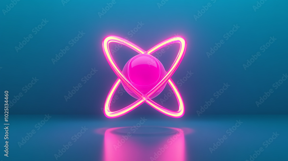 A vibrant neon pink atom model with glowing orbits against a blue background, representing modern scientific concepts and atomic structure. A vibrant neon pink atom model with glowing orbits against a blue background, representing modern scientific concepts and atomic structure.