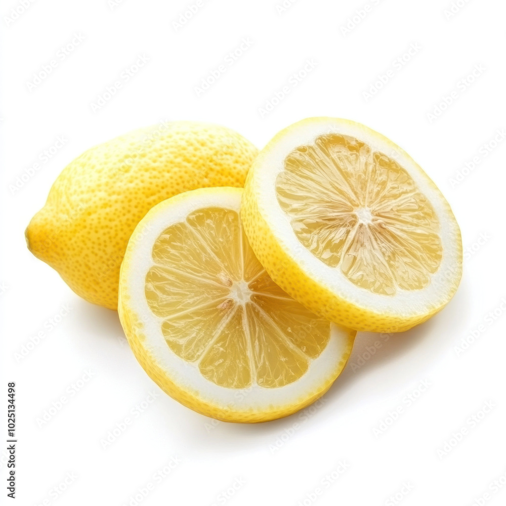 Fresh lemon slices and whole lemons on clean white background evoke refreshing feeling Fresh lemon slices and whole lemons on clean white background evoke refreshing feeling