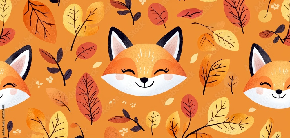 A seamless pattern of smiling foxes, surrounded by autumn leaves, on a warm orange background, creating a cozy feel A seamless pattern of smiling foxes, surrounded by autumn leaves, on a warm orange background, creating a cozy feel