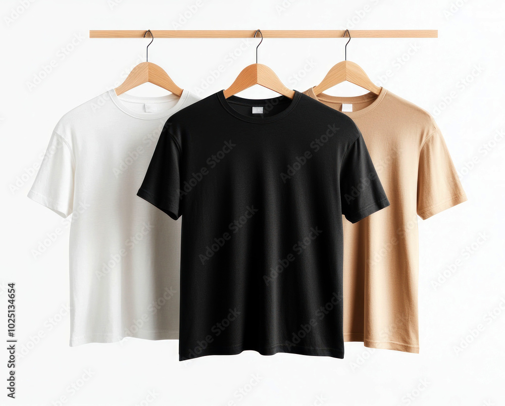 Minimalistic t shirts on hanger in neutral tones create stylish display Minimalistic t shirts on hanger in neutral tones create stylish display