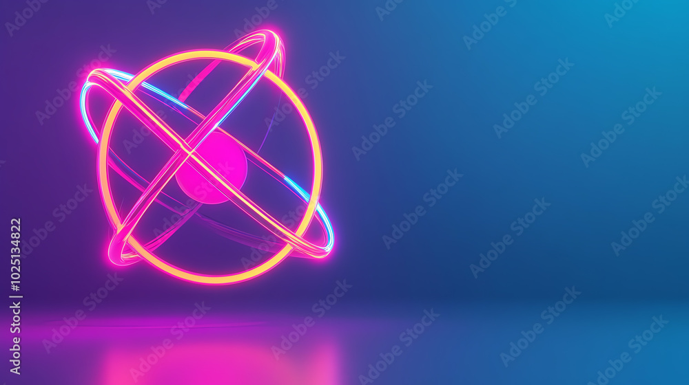 Vibrant neon atom model with colorful electron orbits on a smooth reflective surface, showcasing modern scientific concepts in a visually appealing way.