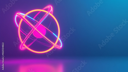 Obraz na płótnie Vibrant neon atom model with colorful electron orbits on a smooth reflective surface, showcasing modern scientific concepts in a visually appealing way. w salonie