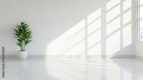 Wallpaper Mural spacious, bright room featuring reflective white tile floor and green plant in white pot, creating serene and inviting atmosphere Torontodigital.ca