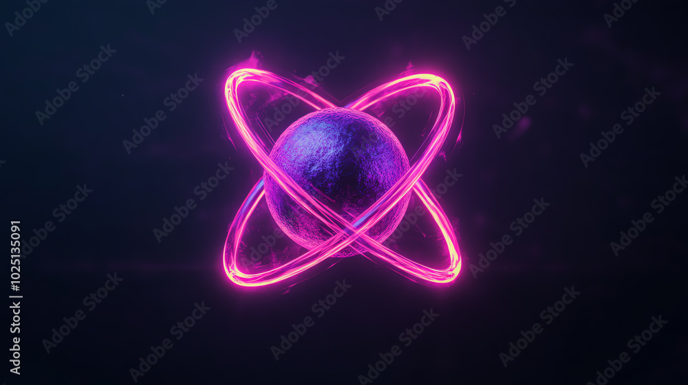 A vibrant, neon atom graphic glowing in purple light, symbolizing energy and innovation, set against a dark background.