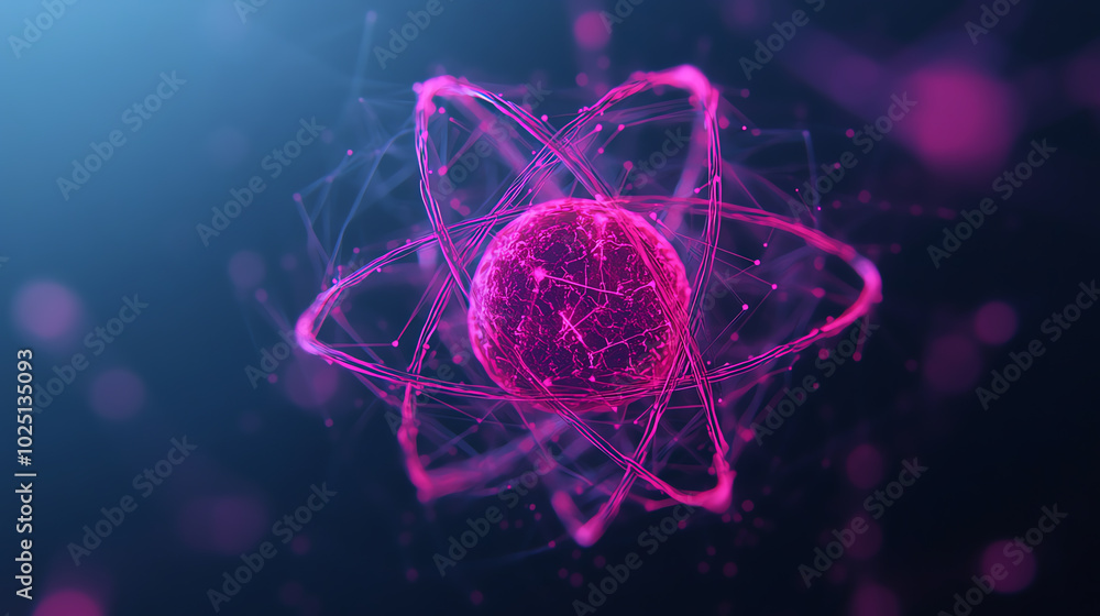 A vibrant, abstract representation of an atom with glowing particles and network connections, set against a dark, dynamic background. A vibrant, abstract representation of an atom with glowing particles and network connections, set against a dark, dynamic background.