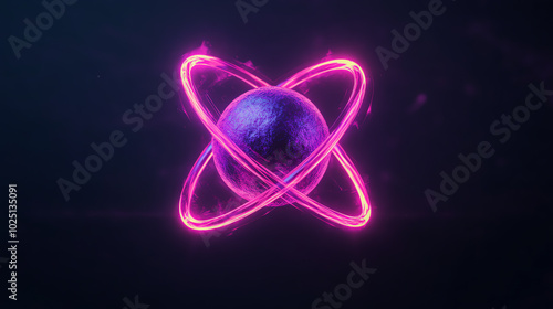 Obraz na płótnie A vibrant, neon atom graphic glowing in purple light, symbolizing energy and innovation, set against a dark background. w salonie