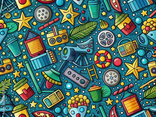 Doodle Film Play Seamless Pattern Background for Creative Projects, Textiles, and Digital Designs - Fun and Playful