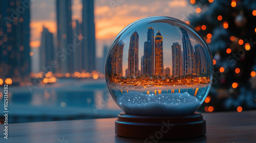 summer sunset dubai beach skyscrapers and palm trees in snow globe on wooden table near christmas tree