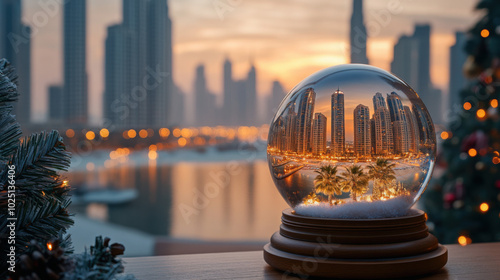 summer sunset dubai beach skyscrapers and palm trees in snow globe on wooden table near christmas tree