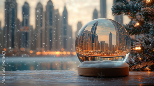 summer sunset dubai beach skyscrapers and palm trees in snow globe on wooden table near christmas tree