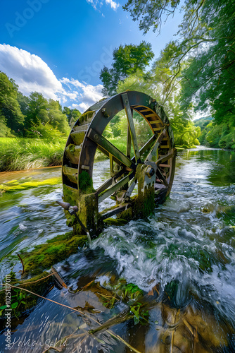 Rustic Waterwheel Amidst Lush Greenery and Flowing River Under a Clear Blue Sky in Timeless Harmony