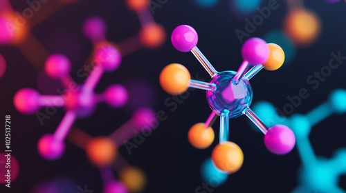 Colorful molecular structures against a dark background, showcasing intricate designs and vibrant colors in a scientific context.