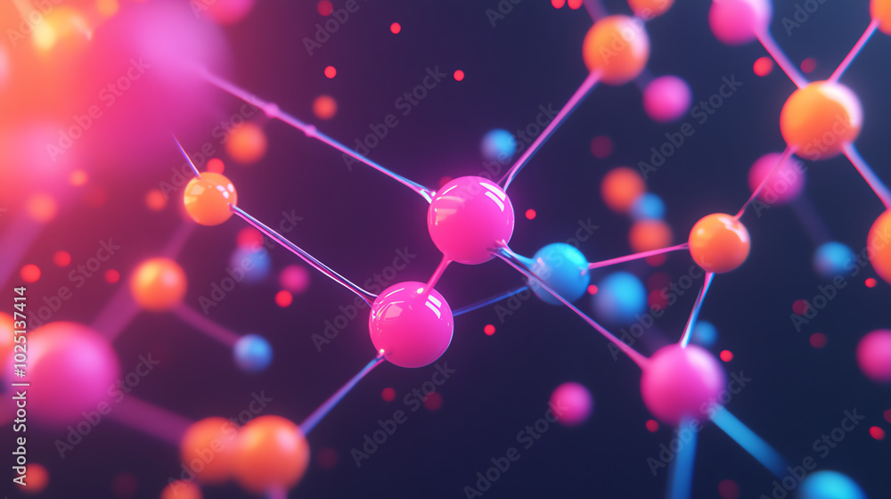 Colorful molecular structure with vivid particles on a dark background, ideal for illustrating concepts in chemistry, biology, and physics. Colorful molecular structure with vivid particles on a dark background, ideal for illustrating concepts in chemistry, biology, and physics.
