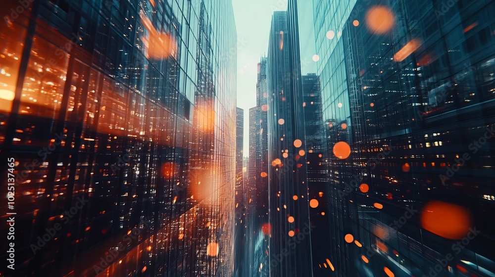 Fototapeta premium Abstract Technology Icons Hologram Overlaying a Low Angle View of Glass and Steel Skyscrapers in a Financial Downtown, Representing Success in the Hi-Tech Industry Through Double Exposure.