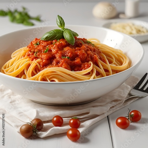 Delicious juicy pasta with Tomato Sauce with some salad served and plate pasta dish