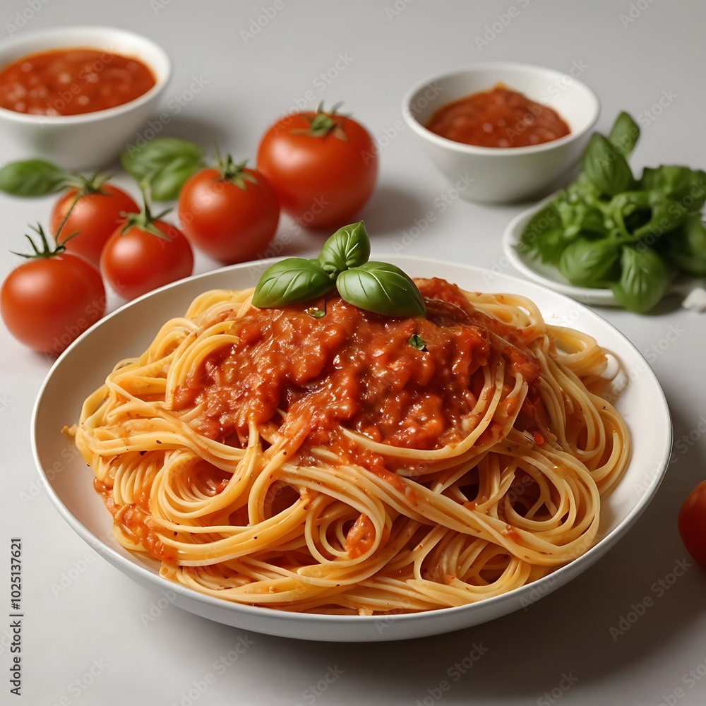 Delicious juicy pasta with Tomato Sauce with some salad served and plate pasta dish Delicious juicy pasta with Tomato Sauce with some salad served and plate pasta dish