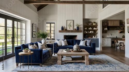 Chic farmhouse living room featuring a blend of whitewashed beams and navy blue couches. Designed with generative AI.