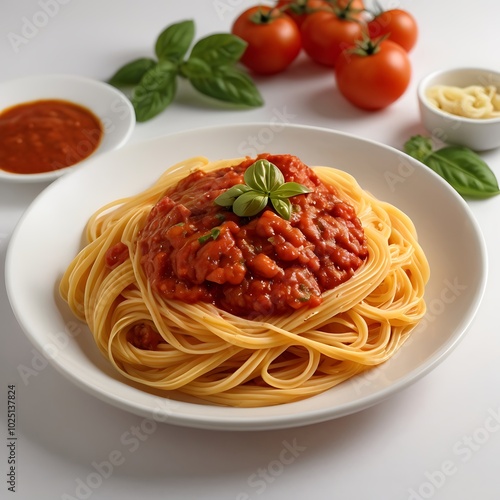 Delicious juicy pasta with Tomato Sauce with some salad served and plate pasta dish
