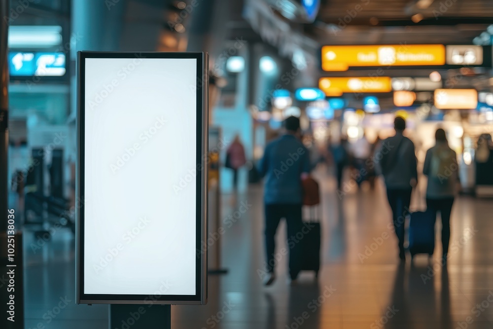 Blank vertical digital signboard in a busy airport terminal Blank vertical digital signboard in a busy airport terminal