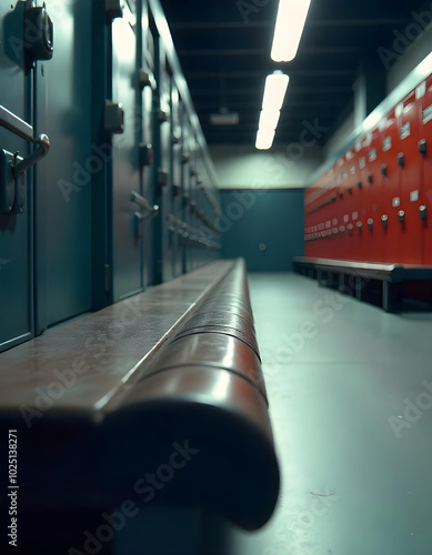 Defocused locker room background with steel table in focused, Backdrop for display sports products