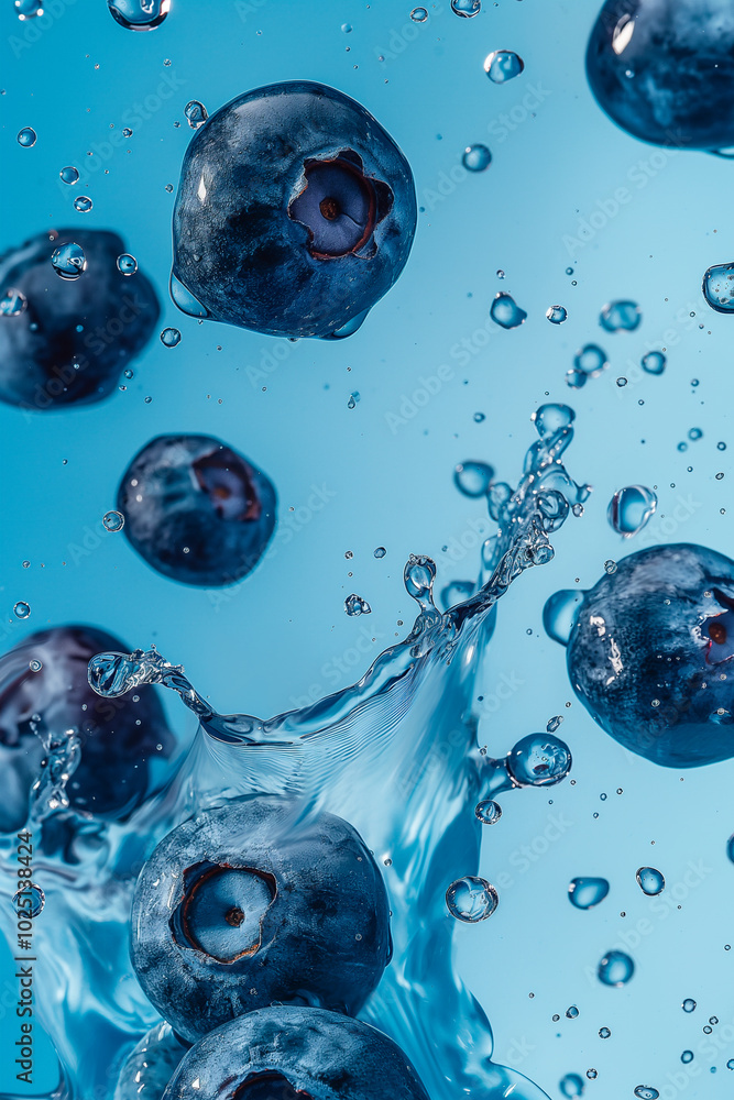 blueberries floating in the air with splashes of water on blue background blueberries floating in the air with splashes of water on blue background