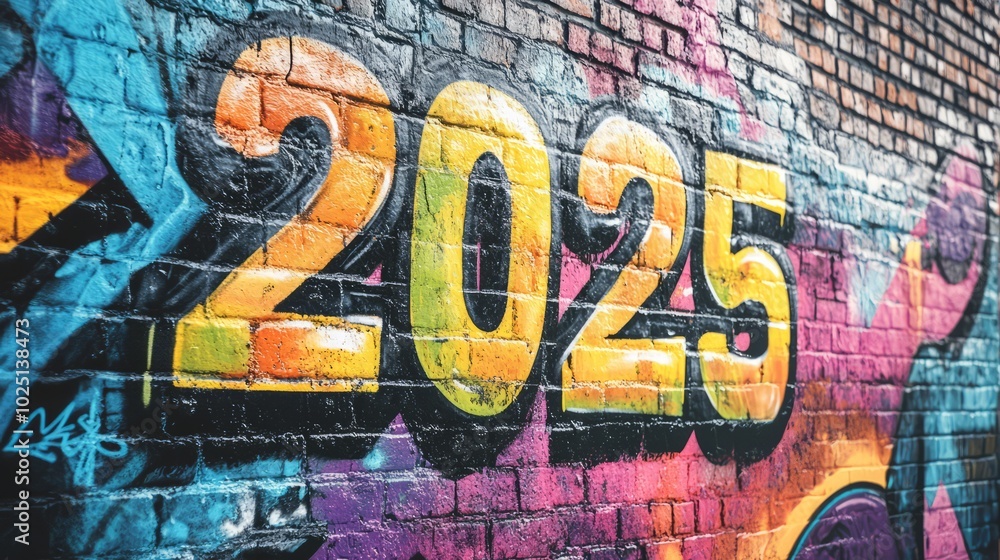 Fototapeta premium 2025: A Vibrant New Year's Eve Graffiti Wall Art: A striking and colorful graffiti mural on a brick wall proclaiming the year 2025, capturing the spirit of new beginnings and hope.