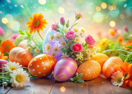 Easter Double Exposure Art with Colorful Eggs, Carrots, and Floral Patterns for Spring Celebrations
