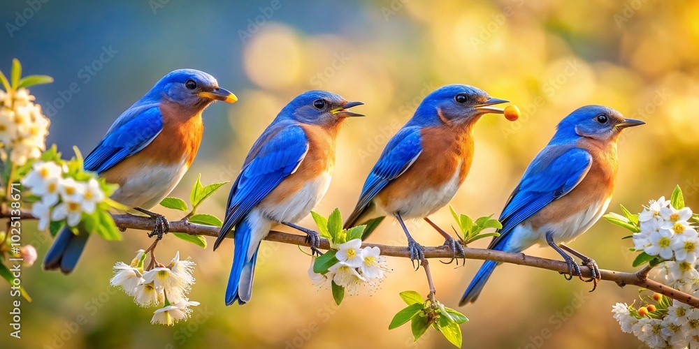 Eastern Bluebirds Perched on Branches and Feeding in Natural Habitat During Springtime Sunshine Eastern Bluebirds Perched on Branches and Feeding in Natural Habitat During Springtime Sunshine