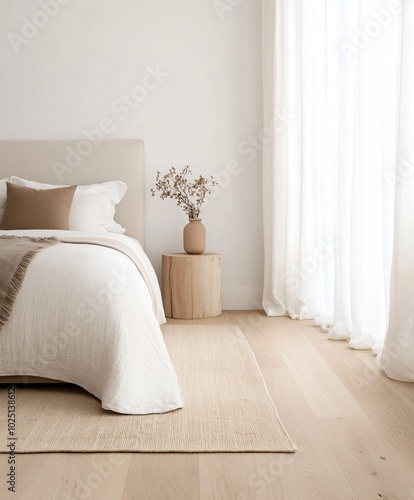 minimalistic bedroom with neutral tones and rug