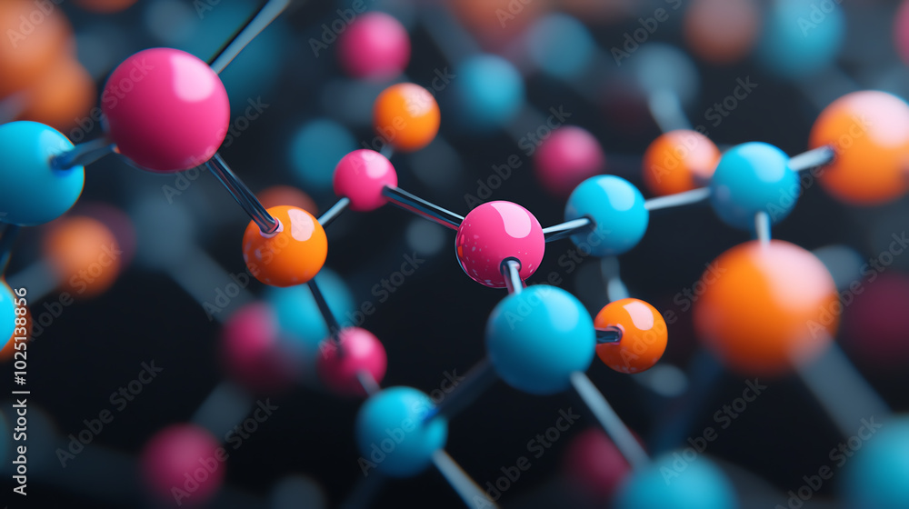 Colorful molecular structure with interconnected atoms, showcasing vibrant interactions in a scientific background.