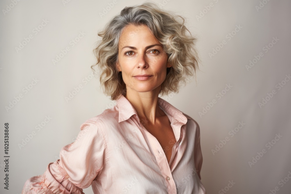A woman with a short haircut and a pink shirt is posing for a picture A woman with a short haircut and a pink shirt is posing for a picture
