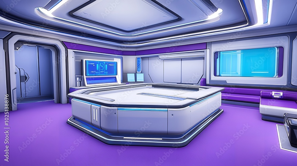 Futuristic room with purple carpet and a large table. Futuristic room with purple carpet and a large table.