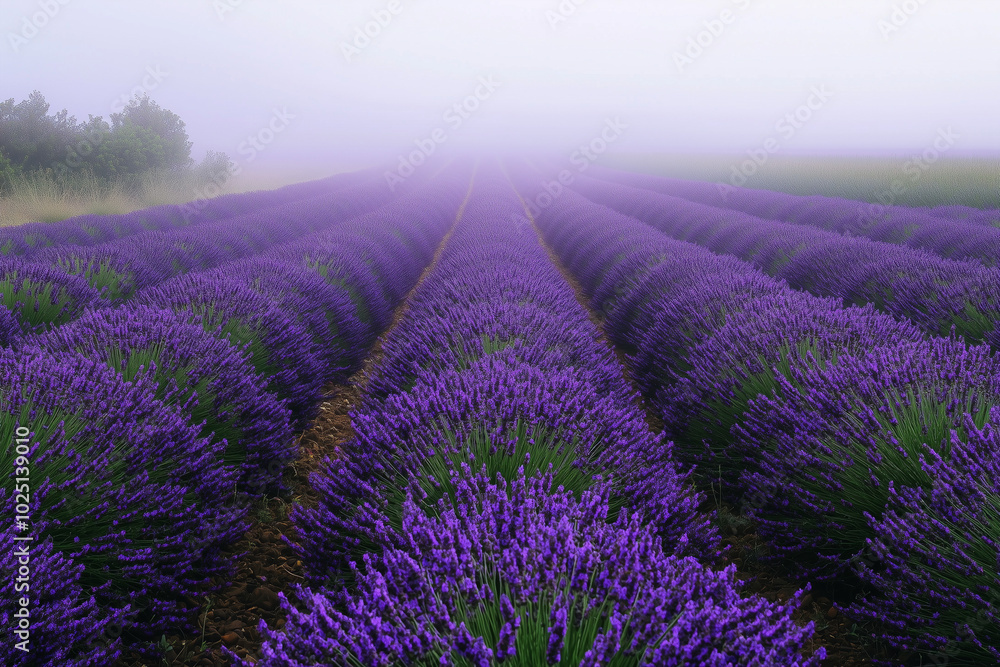 Obraz premium Enchanting Lavender Field in Foggy Morning