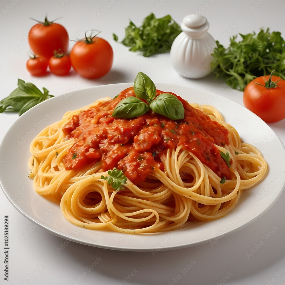 Delicious juicy pasta with Tomato Sauce with some salad served and plate pasta dish Delicious juicy pasta with Tomato Sauce with some salad served and plate pasta dish