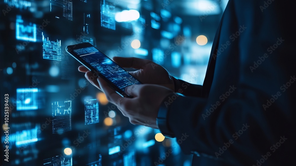 Businessman Using a Mobile Smartphone to Leverage Global Business Technologies for Internet Connectivity, Digital Marketing, Finance, Banking, and Big Data Solutions. Businessman Using a Mobile Smartphone to Leverage Global Business Technologies for Internet Connectivity, Digital Marketing, Finance, Banking, and Big Data Solutions.