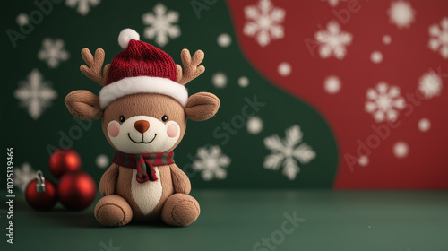 Plush reindeer toy with a Christmas hat, green and red backdrop with snowflakes, soft lighting, product-focused shot, white highlights creating a wintery feel