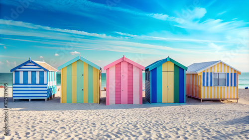 Colorful beach huts lined up on a sandy shore under a bright blue sky