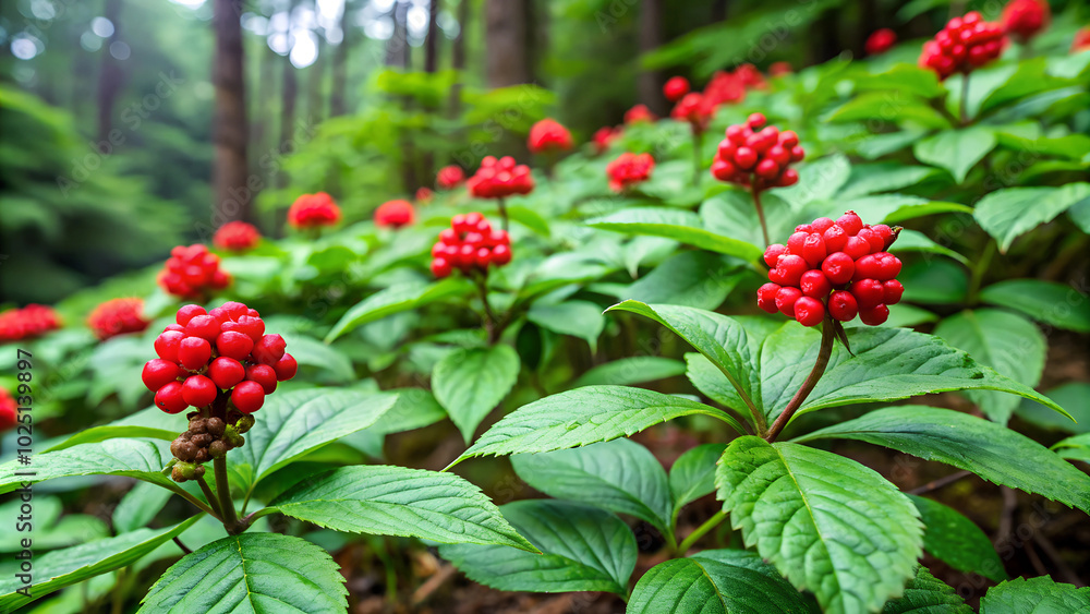 Red berries nestled among green leaves in a lush forest setting for nature enthusiasts Red berries nestled among green leaves in a lush forest setting for nature enthusiasts