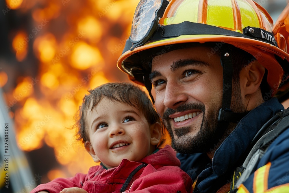 Firefighter rescuing a child from a burning building, with flames in ...