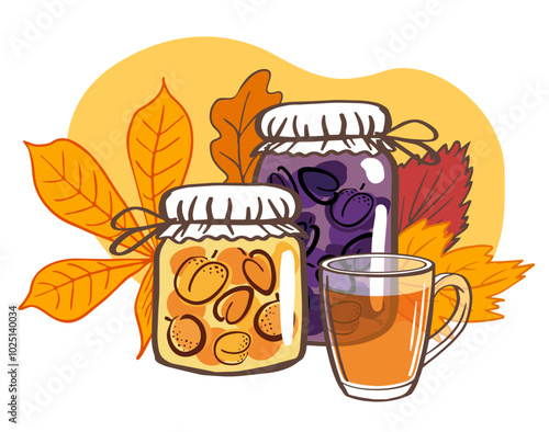 jars filled with preserved fruits and a cup of tea, surrounded by autumn leaves. Suitable for fall, autumn posters, recipe cards, or seasonal packaging