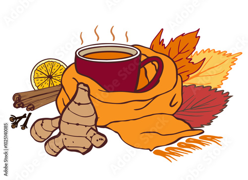 steaming cup of tea placed in scarf with vibrant fall leaves, ginger, cinnamon sticks, lemon slice. Warmth illustration for season poster, banner, card, cold remedy, health theme