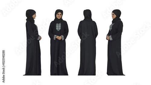 Muslim Arabic Woman Character isolated with Islamic hijan clothing dress Arab Muslim women dress character man set, Front, Back, and, Side view. Tradition Muslim girls women in Middle Eastern culture  photo